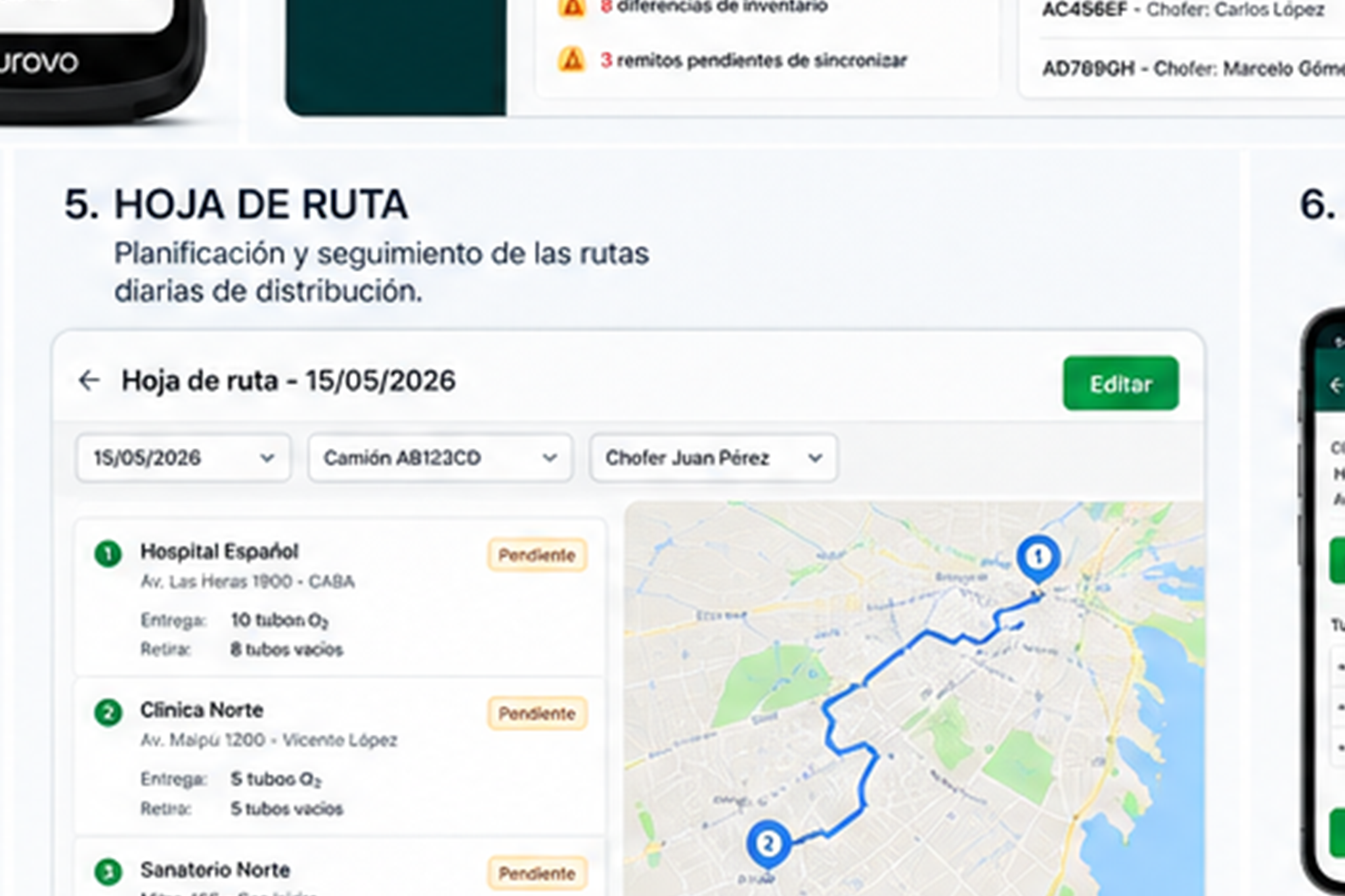 Slide hoja de ruta con mapa y clientes asignados